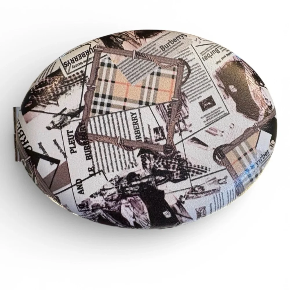 COMPACT MIRROR: Oval-Shaped White, Black, Beige, & Red w/Newspaper Design, NWOT